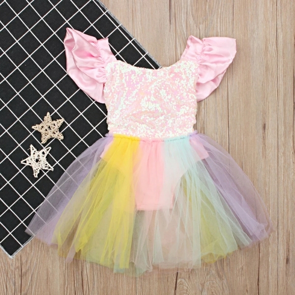 Baby Girl Pink Sequins and Rainbow Bodysuit Dress - Picture 1 of 6